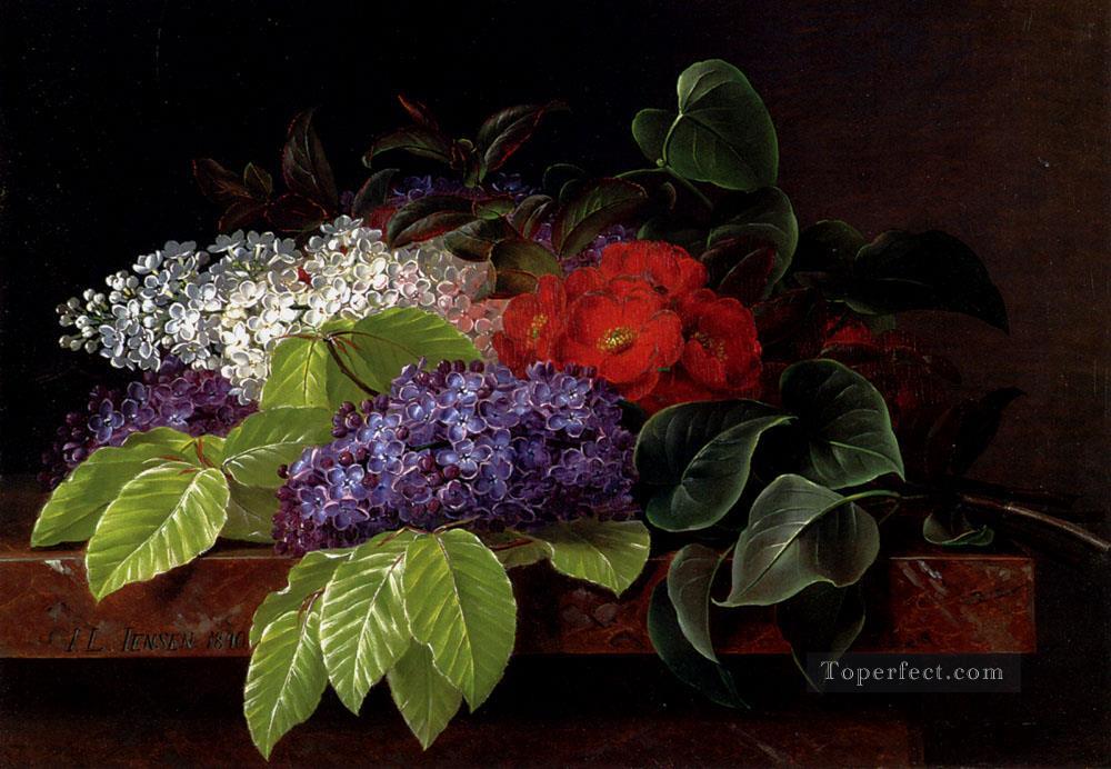 白と紫のライラック 椿とブナの葉 大理石の棚の花 ヨハン・ラウレンツ・ジェンセンの花 印象派の花油絵
